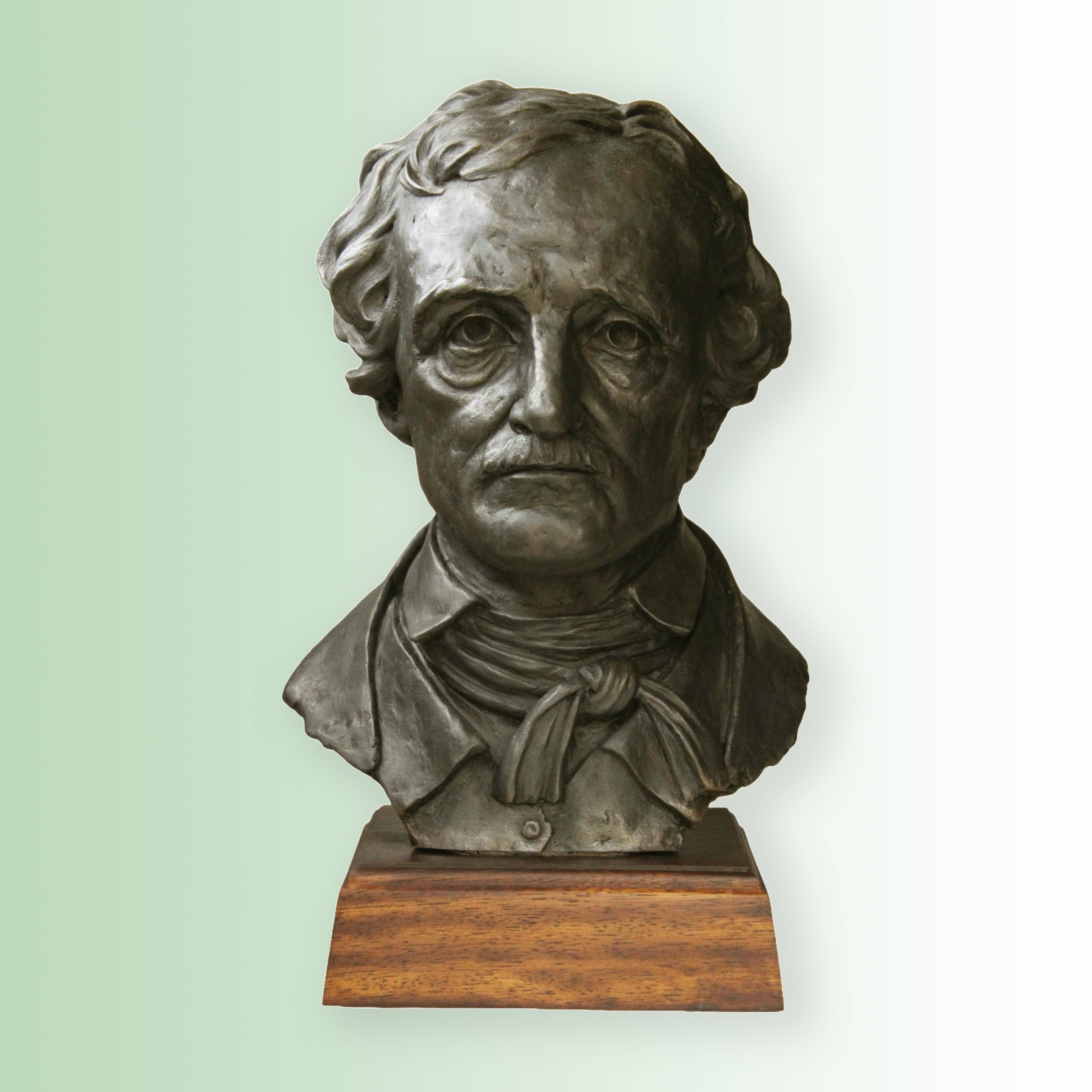 Bust of Edgar Allan Poe in resin bronze.